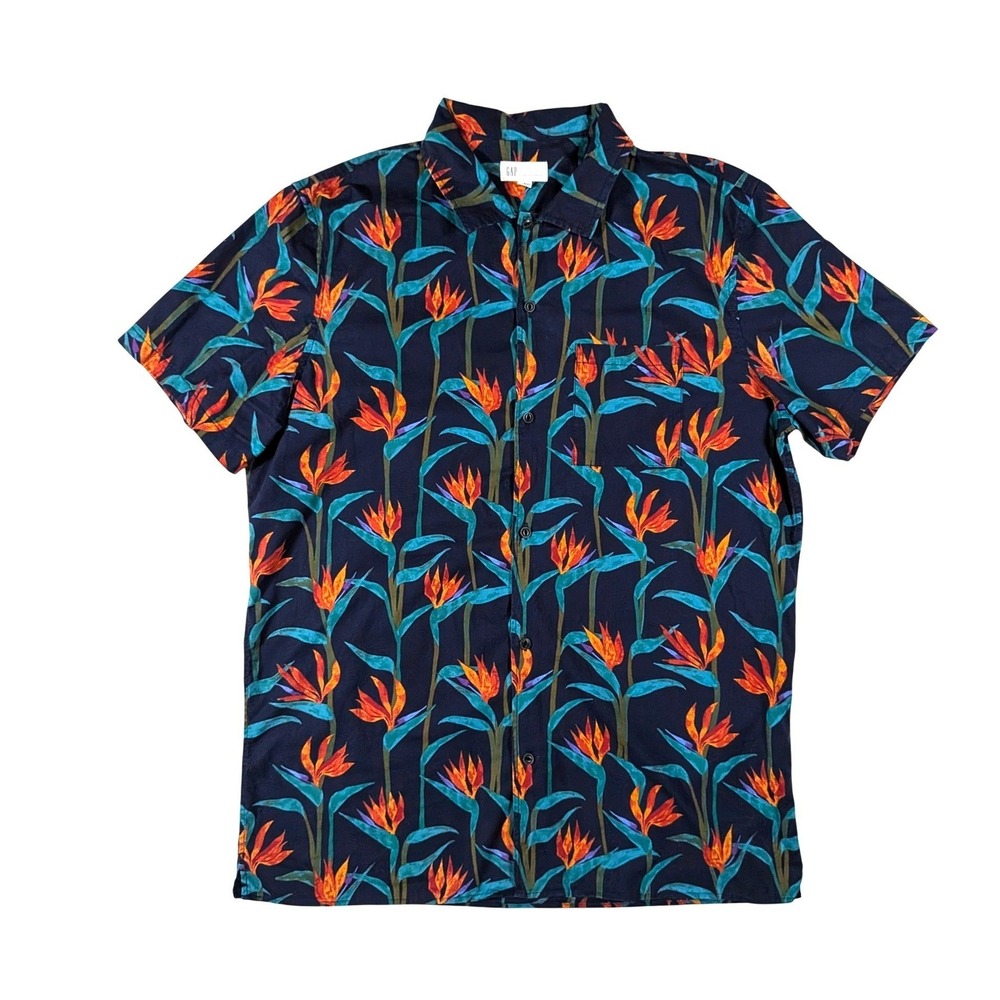 GAP Men's Bird of Paradise Tropical Floral Shirt Navy Orange Stretch L Tall